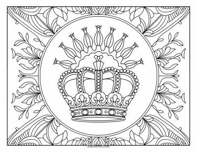 Coloriage de couronne pour adultes : Une couronne trône au centre de fleurs et de vignes dans une composition détaillée et ornementale
