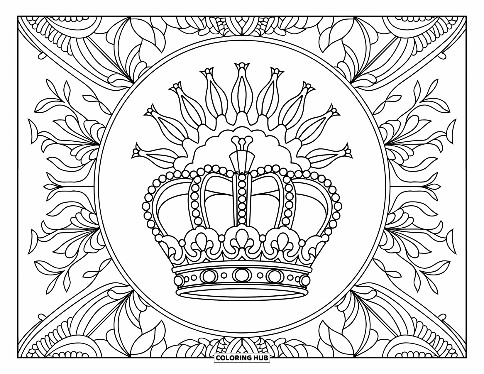 Crown Coloring Page for Adults: A crown sits at the center of flowers and vines in a detailed, patterned design