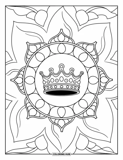 Coloriage de couronne pour adultes : Une couronne repose dans un mandala de lotus encadré de lignes épurées et harmonieuses