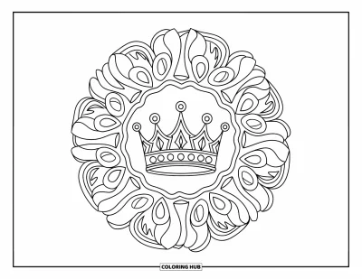 Coloriage de couronne pour adultes : Une couronne repose dans un mandala tourbillonnant rempli de tulipes et de détails raffinés
