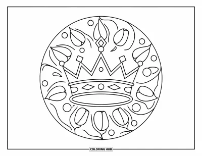 Coloriage de couronne pour adultes : Une couronne ornée d'un joyau est placée au centre d'un mandala rempli de tulipes