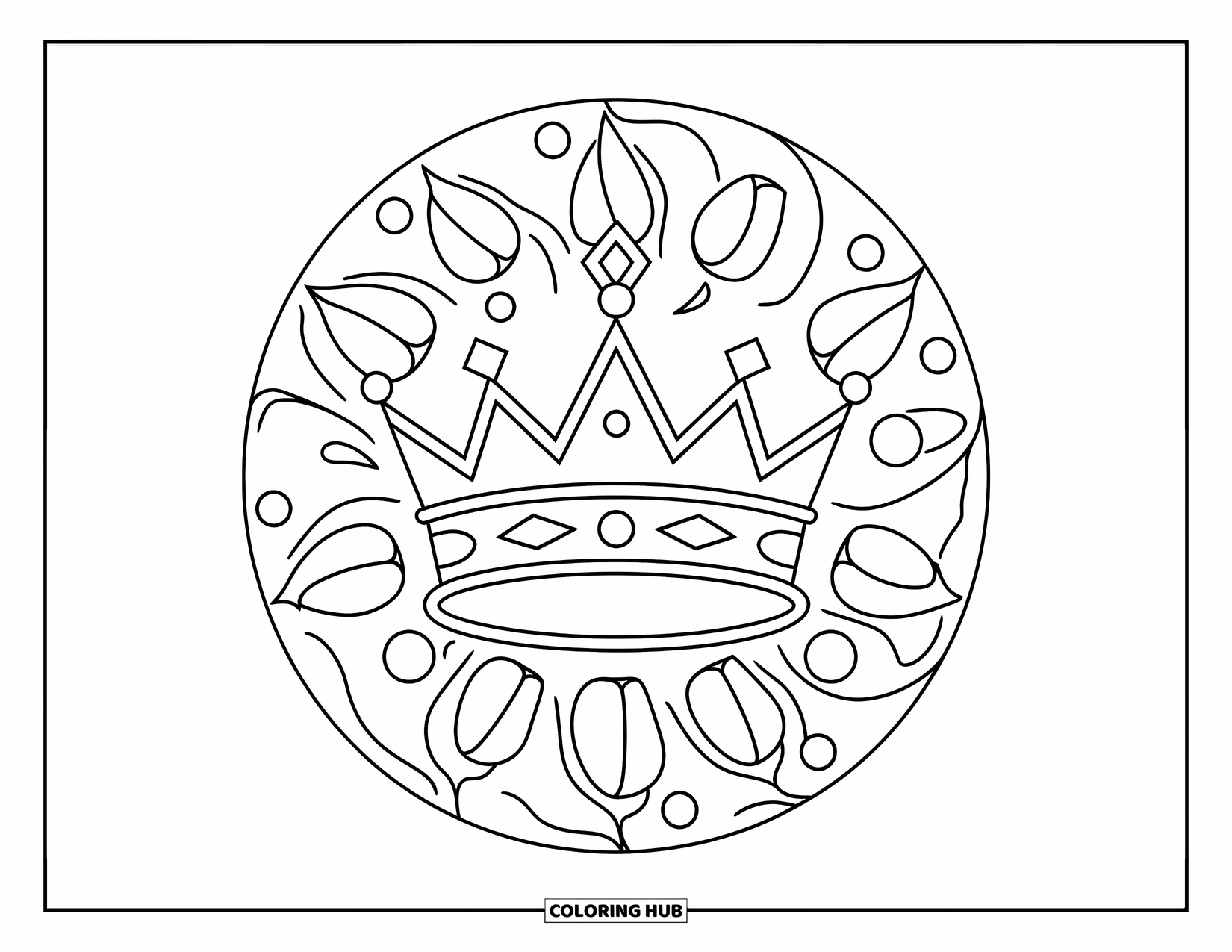 Crown Coloring Page for Adults: A crown with a jewel sits at the center of a tulip-filled mandala