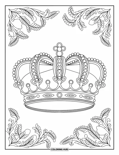 Coloriage de couronne pour adultes : Une couronne aux détails baroques est entourée d'élégantes vignes et de feuilles