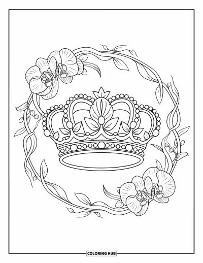 Coloriage de couronne pour adultes : Une couronne ornée de fleurs et de feuilles est encadrée de vignes et d'orchidées