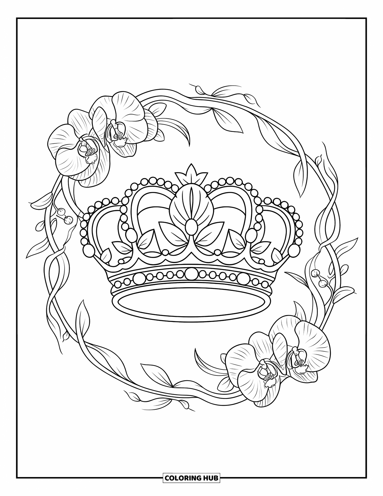 Crown Coloring Page for Adults: A crown with flowers and leaves is framed by vines and orchids