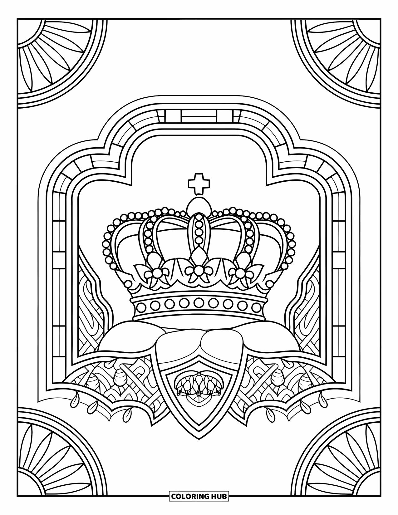 Crown Coloring Page for Adults: A cushion holds a regal crown framed by floral stained glass designs