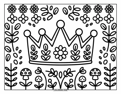Coloriage de couronne pour adultes : Une couronne à gemmes en forme de marguerite repose parmi des fleurs, des champignons et des feuilles aux extrémités bouclées