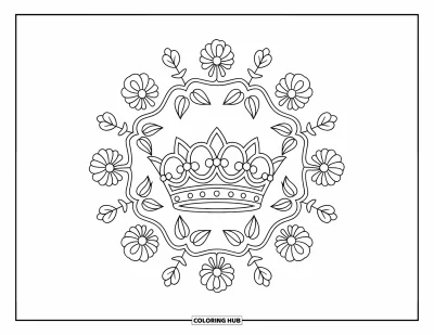 Coloriage de couronne pour adultes : Une couronne détaillée est entourée d'une composition radiale de fleurs et de vignes