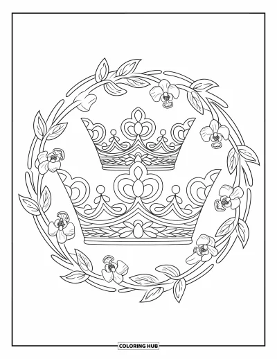 Coloriage de couronne pour adultes : Une couronne détaillée est enveloppée de vignes et d'orchidées formant un cadre circulaire