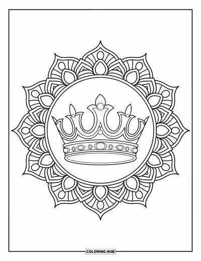 Coloriage de couronne pour adultes : Une couronne à cinq pointes brille au centre d'un mandala de lotus aux détails soignés