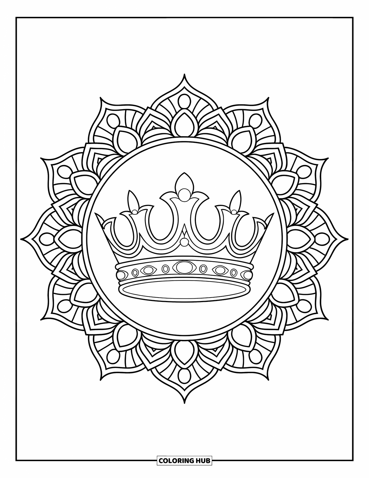 Crown Coloring Page for Adults: A five-point crown shines at the center of a lotus mandala with fine details