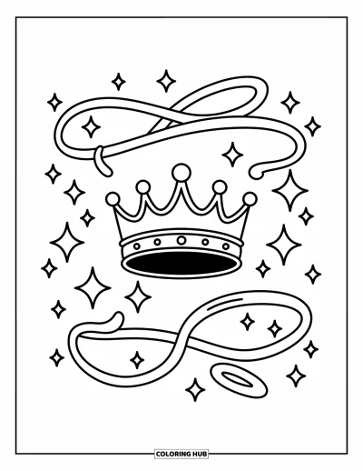 Coloriage de couronne pour adultes : Une couronne flottante scintille de traînées magiques, de rubans et de formes de gemmes