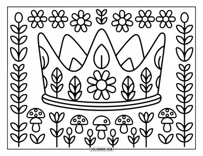 Coloriage de couronne pour adultes : Une couronne florale avec une gemme en forme de marguerite parmi des fleurs, des feuilles bouclées et des champignons tachetés