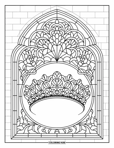 Coloriage de couronne pour adultes : Un diadème floral est encadré d'une fenêtre garnie de vignes et de détails floraux
