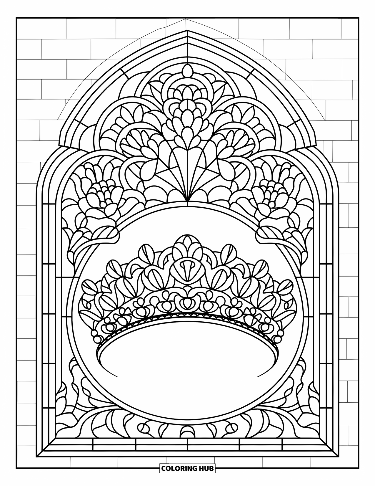 Crown Coloring Page for Adults: A floral tiara is framed by a window filled with vines and flower details