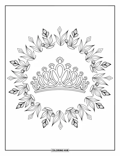 Coloriage de couronne pour adultes : Un diadème floral est encadré d'amas de feuilles et de formes rappelant des gemmes