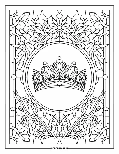 Coloriage de couronne pour adultes : Un diadème floral repose dans un cadre de vitrail fait de vignes et de fleurs