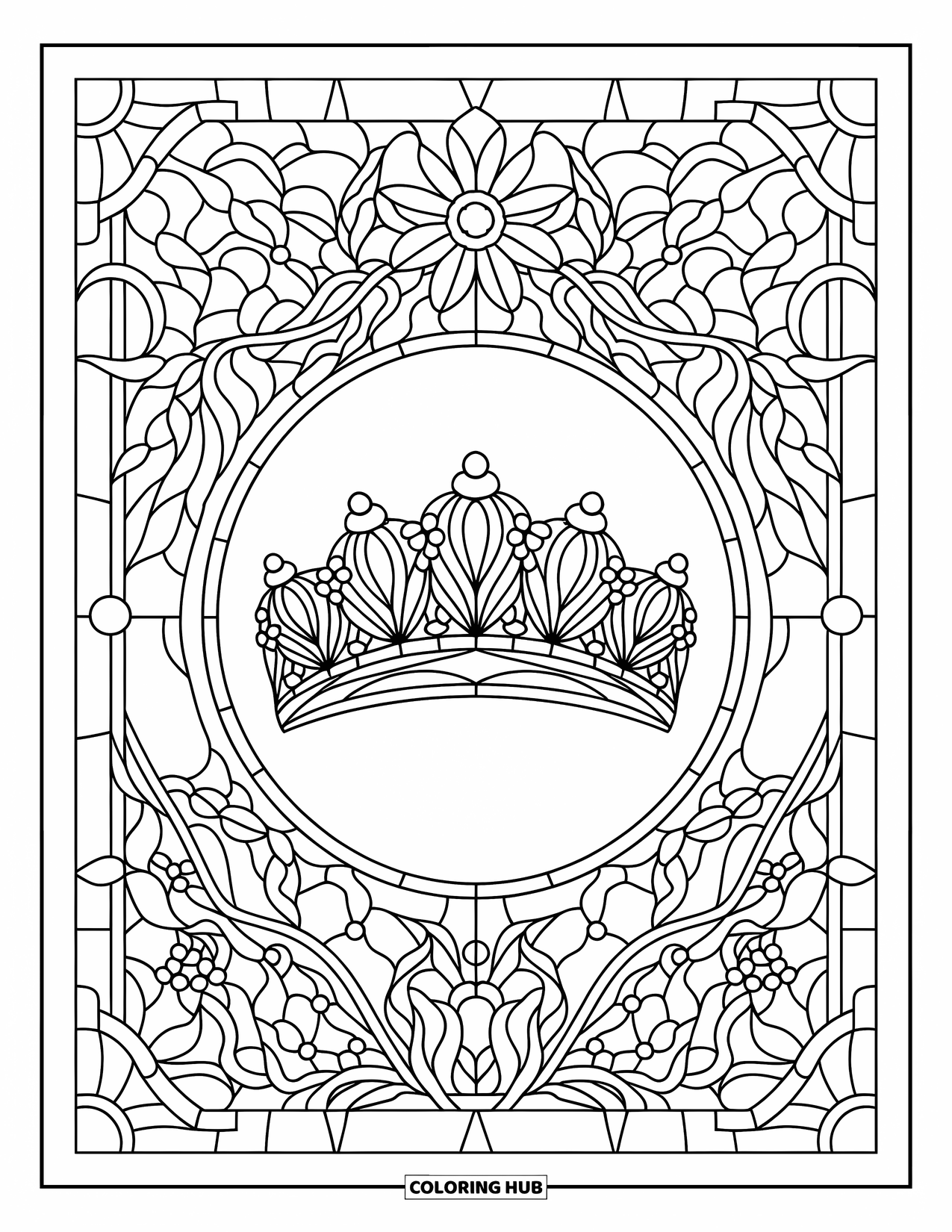 Crown Coloring Page for Adults: A floral tiara rests in a stained glass frame of vines and flowers