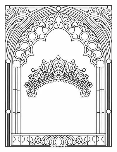 Coloriage de couronne pour adultes : Un diadème floral est placé au centre d'un délicat motif de vitrail