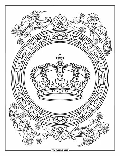 Coloriage de couronne pour adultes : Une couronne incrustée de gemmes est entourée de motifs floraux et de bordures en vitrail