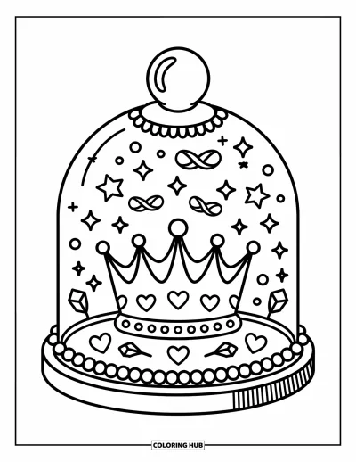 Coloriage de couronne pour adultes : Un dôme en verre étincelant entoure une couronne avec des étoiles, des rubans et des sculptures en forme de cœur