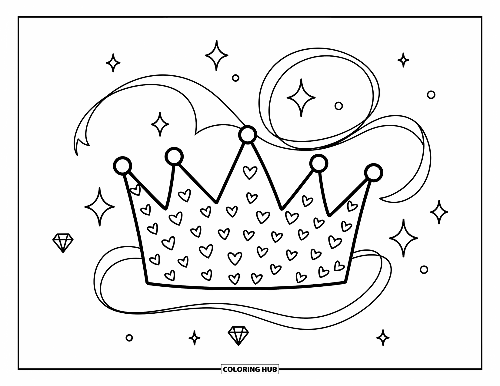 Crown Coloring Page for Adults: A heart-patterned crown sparkles with floating gems and swirling ribbons