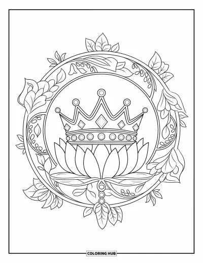 Coloriage de couronne pour adultes : Une couronne ornée de joyaux repose dans un mandala de lotus avec des vignes et des pétales détaillés