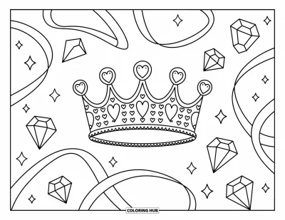 Coloriage de couronne pour adultes : Une couronne fantaisiste avec des volutes et des cœurs est enveloppée de rubans et d'étincelles en forme de gemmes