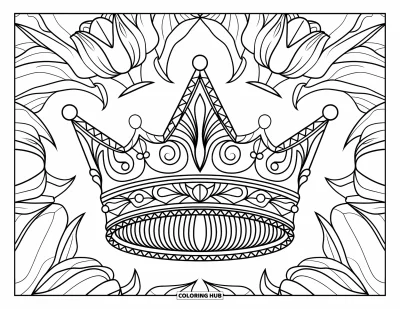 Coloriage de couronne pour adultes : Une couronne pointue repose dans un mandala rempli de tulipes avec une touche artistique