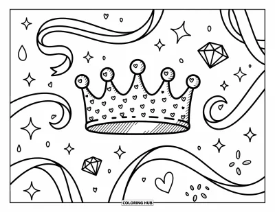 Coloriage de couronne pour adultes : Une couronne arrondie avec des cœurs et des volutes brille d'étoiles, de rubans et de gemmes flottantes