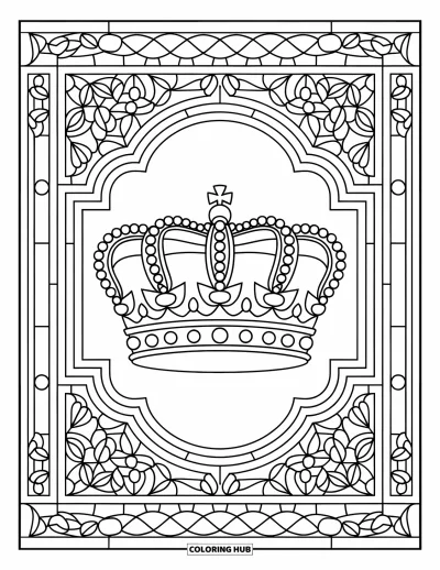 Coloriage de couronne pour adultes : Une couronne royale est encadrée de vitraux et de motifs en treillis floral