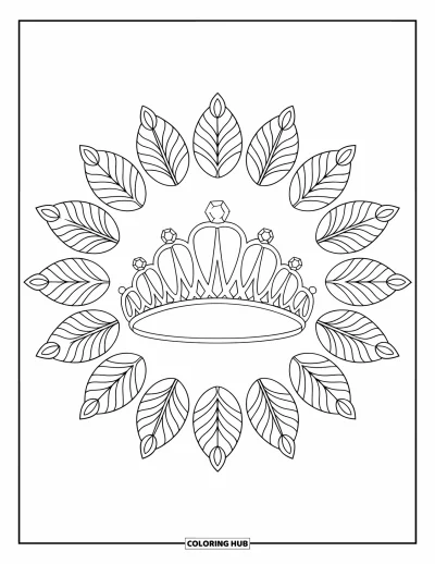 Coloriage de couronne pour adultes : Un simple diadème scintille dans un rayonnement de feuilles et de formes de gemmes
