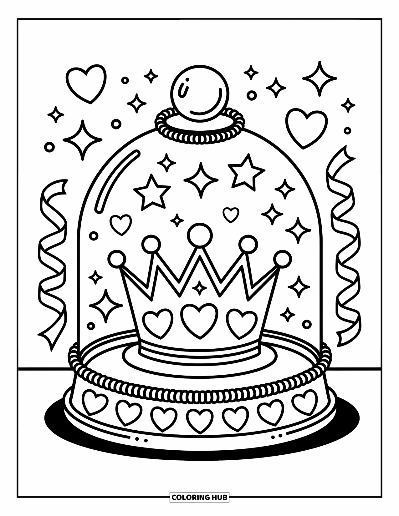 Crown Coloring Page for Adults: A sparkling dome holds a crown with floating stars and gem-shaped twinkles