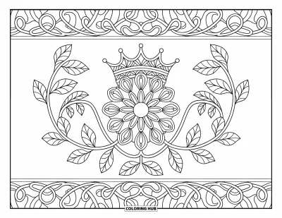 Coloriage de couronne pour adultes : Une couronne à pointes est encadrée de vignes entrelacées, de pétales de fleurs et d'une bordure décorative