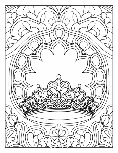 Coloriage de couronne pour adultes : Un motif de vitrail entoure un diadème floral aux formes bien marquées