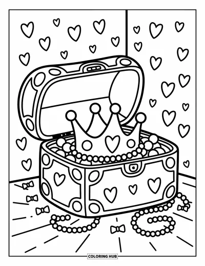 Coloriage de couronne pour adultes : Un joli coffre cache une couronne avec des perles, des nœuds et des gemmes rondes à l'intérieur
