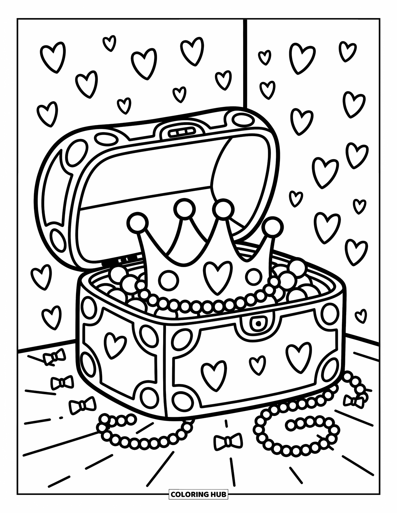Crown Coloring Page for Adults: A sweet chest hides a crown with beads, bows, and rounded gems inside