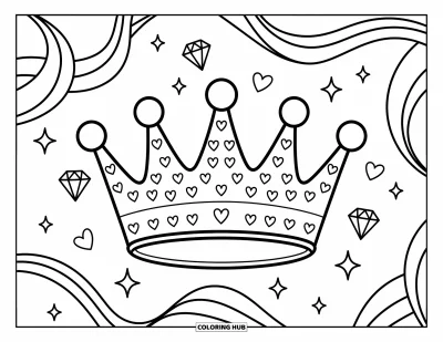 Coloriage de couronne pour adultes : Une couronne aux volutes et aux arches arrondies est encerclée de rubans et de formes de joyaux flottants