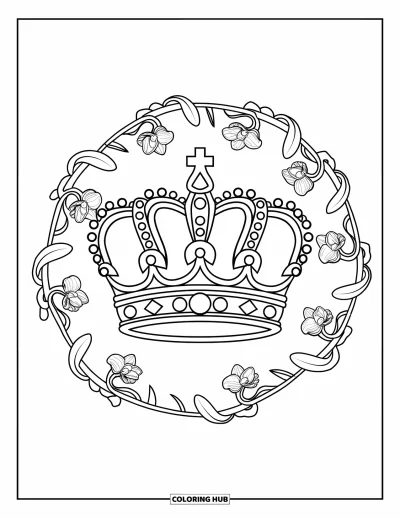 Coloriage de couronne pour adultes : Une couronne à trois niveaux est entourée de vignes ondulantes et d'orchidées en fleurs