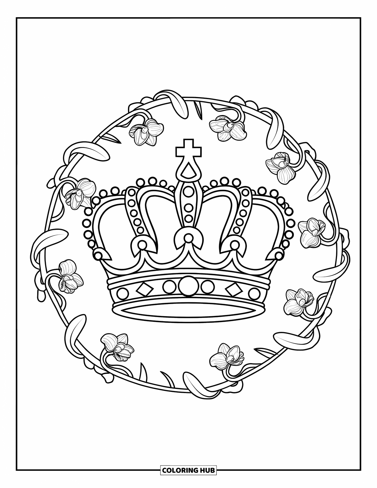 Crown Coloring Page for Adults: A three-tier crown is surrounded by curling vines and blooming orchids