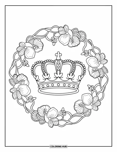 Coloriage de couronne pour adultes : Une couronne à trois niveaux repose parmi des orchidées et des vignes tourbillonnantes dans une composition ronde