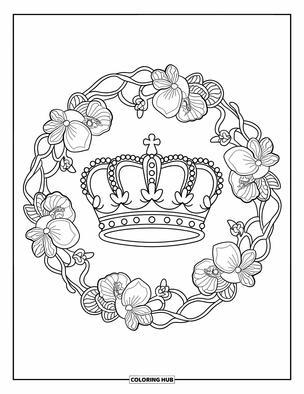 Crown Coloring Page for Adults: A three-tier crown rests among orchids and swirling vines in a round layout
