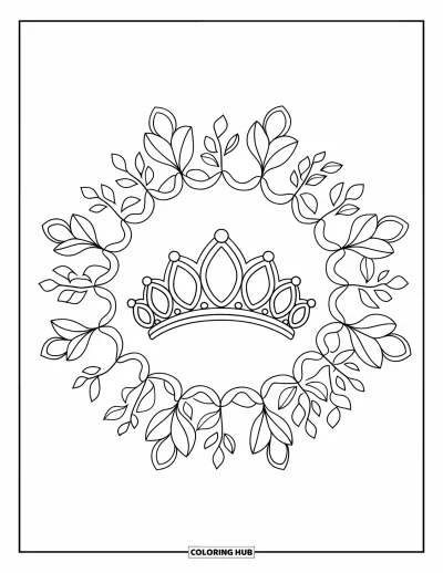 Coloriage de couronne pour adultes : Un diadème repose dans un motif de feuilles rayonnantes et de formes rappelant des gemmes