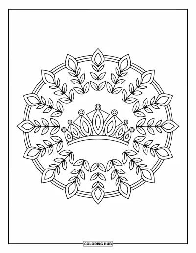 Coloriage de couronne pour adultes : Un diadème repose dans un rayonnement de feuilles et de formes inspirées des gemmes