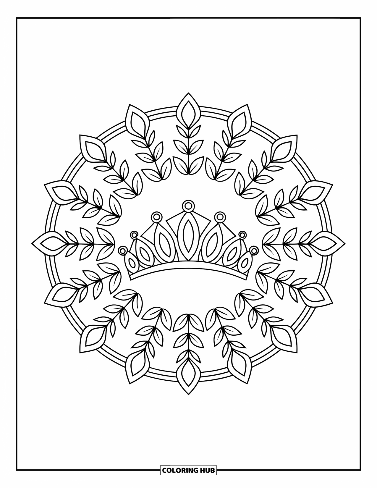 Crown Coloring Page for Adults: A tiara sits inside a sunburst of leaves and gem-inspired shapes