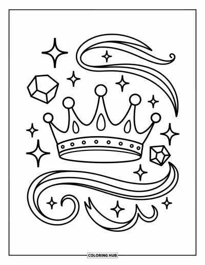 Coloriage de couronne pour adultes : Une couronne fantaisiste flotte entourée d'étincelles magiques, de rubans et de minuscules gemmes