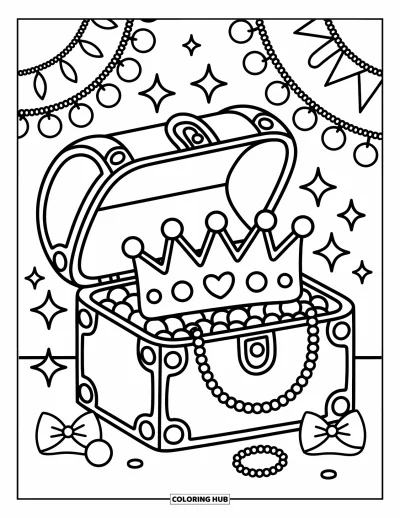 Coloriage de couronne pour adultes : Un coffre ouvert révèle une couronne nichée parmi des perles, des nœuds et de petites étincelles