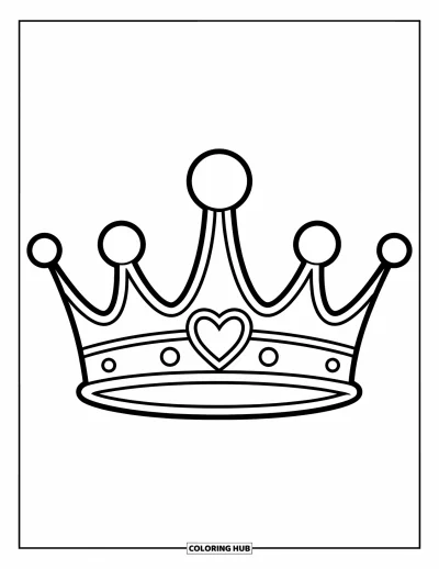 Coloriage de couronne pour enfants : Une grande couronne royale avec cinq pointes arrondies et un cœur en son centre