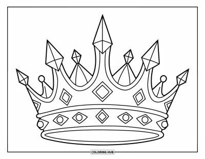 Coloriage de couronne pour enfants : Une couronne audacieuse aux pointes acérées et arrondies, ornée d'élégants encadrements de joyaux