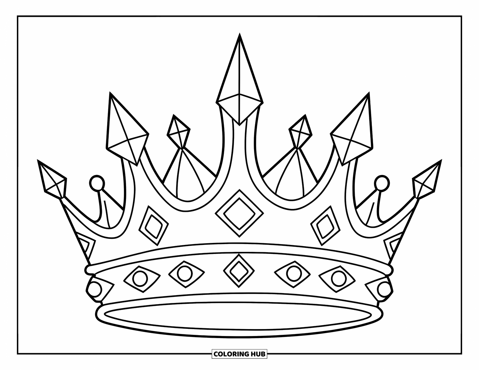 Crown Coloring Page for Kids: A bold crown with sharp and round tips, decorated with elegant jewel frames